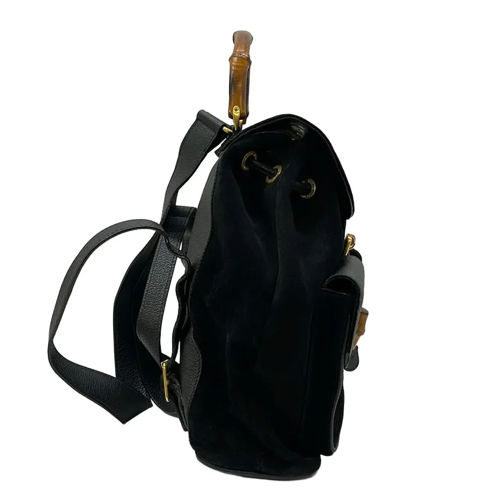 Gucci Bamboo Backpack Black Brown Suede Leather